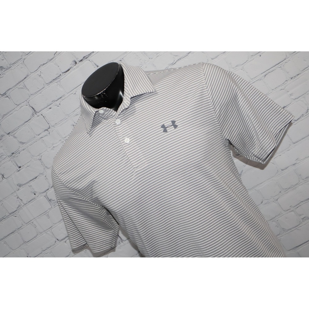Under Armour Polo Mens Medium Gray Striped HeatGear Loose Fit Short Sleeve